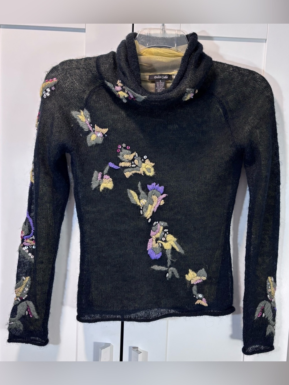 Dolce Cabo Mohair blend Sweater S Black Floral Embroidered Sequin Sheer Mesh Y2K